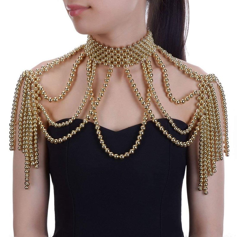 Jerollin Simulated Pearl Body Statement Necklace for Women, Fashion Collar Bib Necklaces Costume Jewelry Gold - Image 4